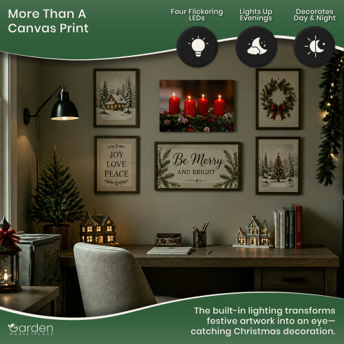 Festive 4 Red Candle LED Christmas Canvas Picture Print, Wooden Frame Wall Art with Switch, 40cm x 30cm, Battery Powered