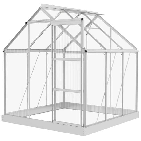 Silver 6x6 ft walk-in greenhouse, polycarbonate panels, sliding door, aluminium frame