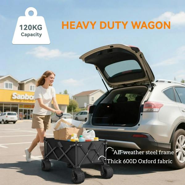 Black heavy-duty folding wagon cart with fabric sides and steel frame, loaded in trunk