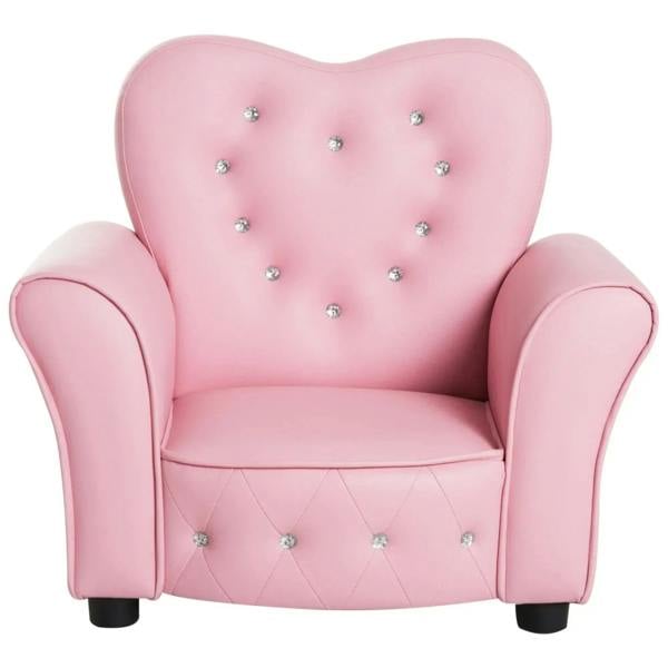 Pink kids armchair with crystal button heart backrest and quilted seat