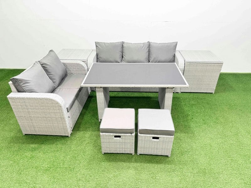 Fimous Garden Furniture Set PE Ratten Garden Sofa Set with Rectangular Dining Table 2 Small Stools 2 Side Tables Light Grey