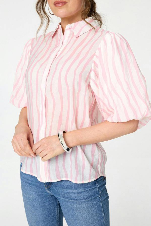 Pink | Striped 3/4 Puff Sleeve Shirt