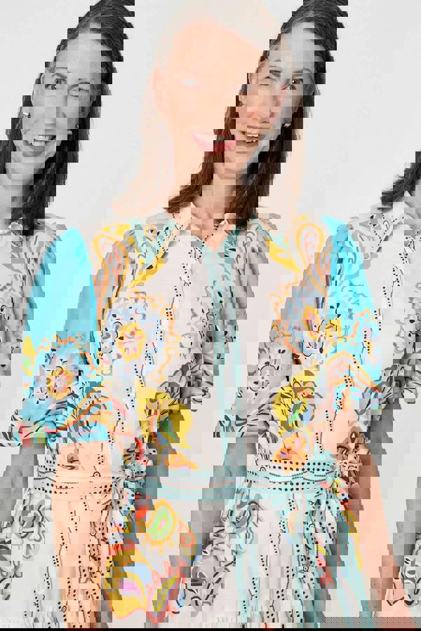 Beige | Abstract Border Tie Waist Midi Dress