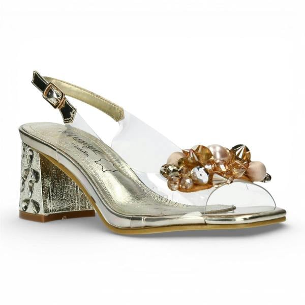 Laura Vita Women’s Clear Golden Slip-On Cinderella Block Heel Sandals - Marlene 12