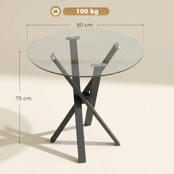Round Dining Table for 4, 80cm Modern Kitchen Table with Tempered Glass Top and Cross Steel Legs, Clear