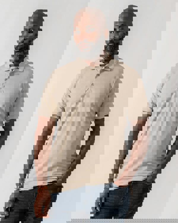 Model wearing Emporio Armani Mens Beach Polo in Taupe - Main