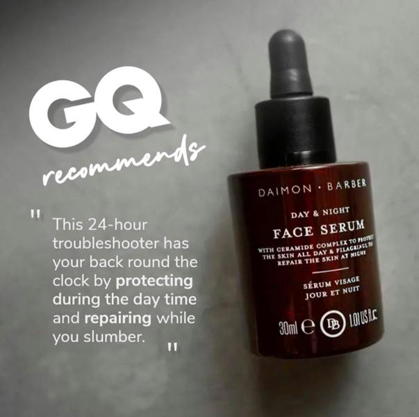 GQ recommends with quote from article next to image of Day & Night Face Serum bottle