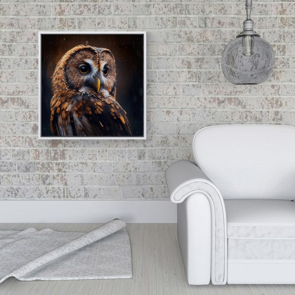 Warren Reed Tawny Owl Face Splash Art Dark Background Framed Canvas