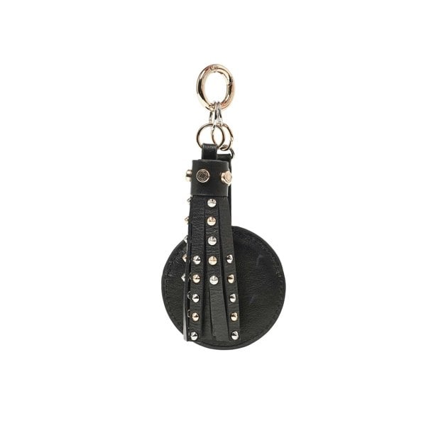 black studded leather mini key ring tassel with mirror