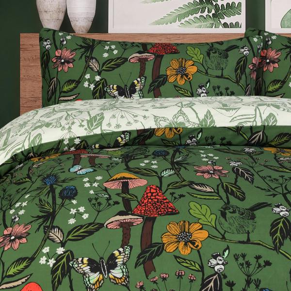 Smart Living Luxury Soft Reversible Forest Mushrooms Duvet Cover & Pillowcases - Green
