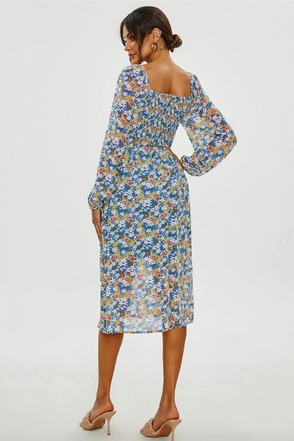 FS Collection Floral Print Long Sleeve Maxi Dress In Blue