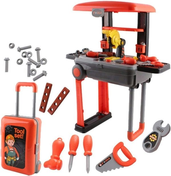 deAO Toys 2-in-1 Deluxe Portable Tool Work Bench Suitcase Play Set