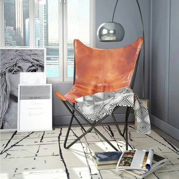 Berkfield Butterfly Chair Brown Real Leather