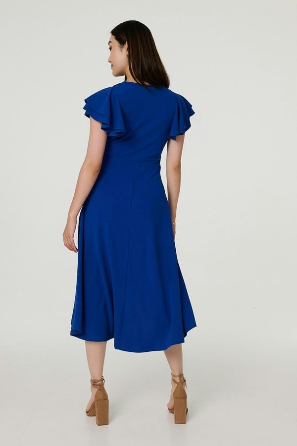 Blue | Belt Detail Frilled Sleeve Midi Dress
