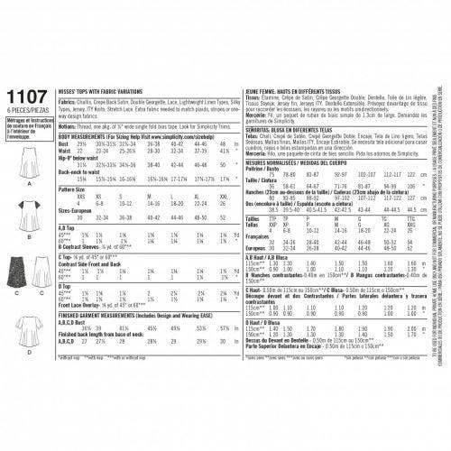 Simplicity Sewing Pattern 1107, Tops for Women, A (XXS-XS-S-M-L-XL-XXL) - Intermediate