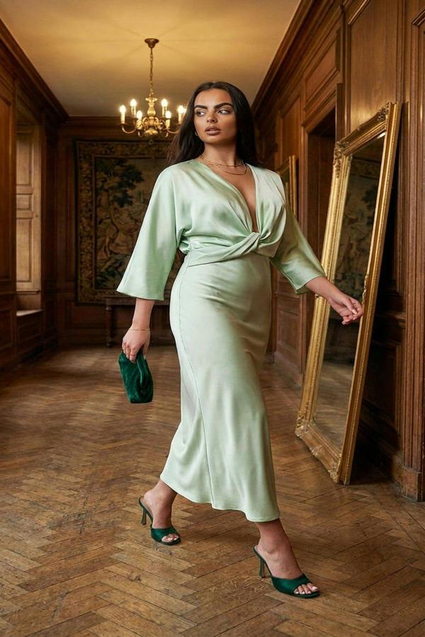 Kylie V-neck Twist Front Midi Dress - Mint