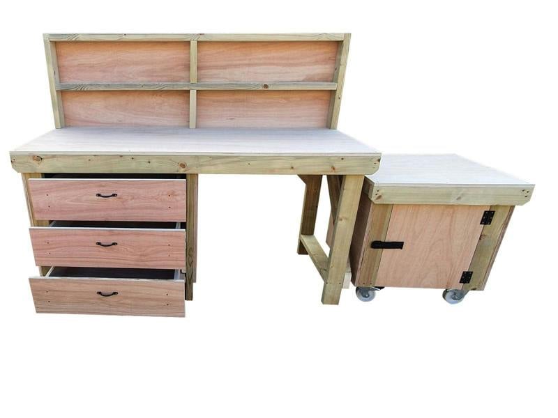 Arbor Garden Solutions Wooden Eucalyptus hardwood top workbench with drawers and functional lockable cupboard (V.6) with back