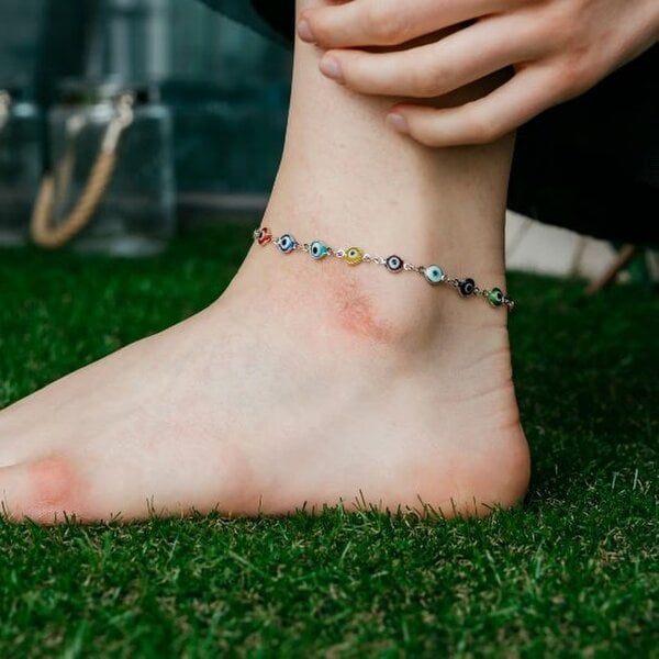 The Colourful Aura Silver Colourful Protection Greek Evil Eye Beaded Indian Nazaria Payal Anklet