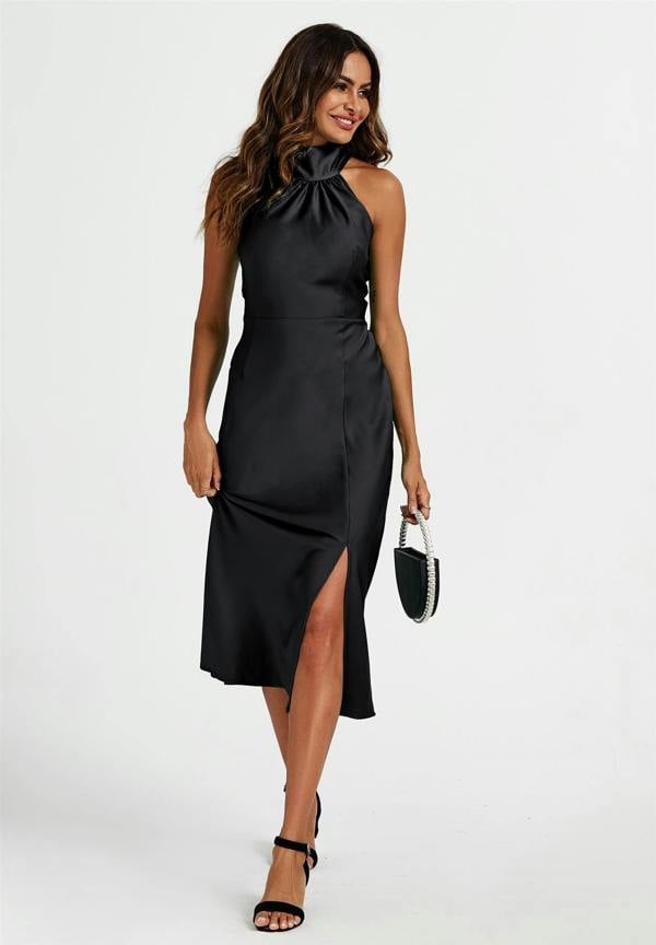 FS Collection Satin Halter Neck Tie Back Midi Dress In Black
