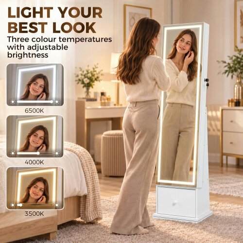 HOMCOM Swivel Jewelry Cabinet with LED Lights, Mirror with Storage, White