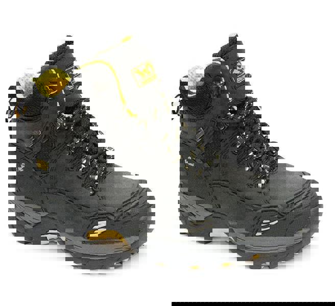 Wood World WoodWorld WW9 Mens Safety Steel Toe Midsole SBPWork Boots, black safety work boot with yellow accents, rugged sole, and metal eyelets for durability.