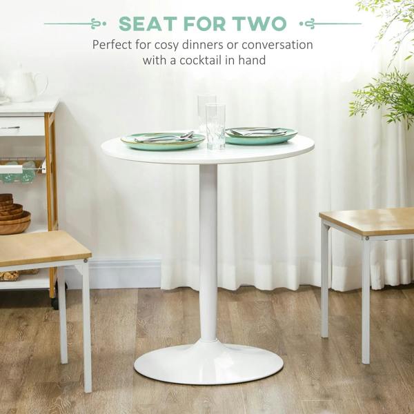 White round pedestal dining table set with dinner plates and glassware, two-person size