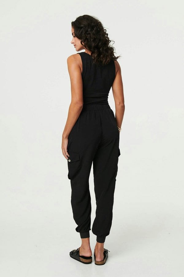 Black | Drawstring High Waist Cargo Trousers

