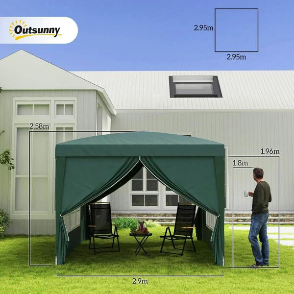 Green pop-up gazebo with zippered doors and large side window panels