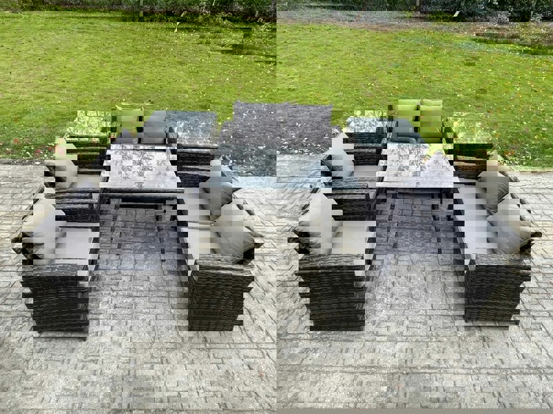 Fimous Rattan Garden Furniture Set Patio Outdoor Lounge Sofa Set with Rectangular Dining Table Love Seat Sofa 2 Side Tables Dark Grey Mixed