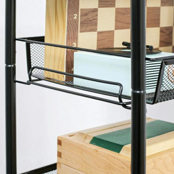 Black steel mesh trolley shelf rail with open tier and horizontal wire bars