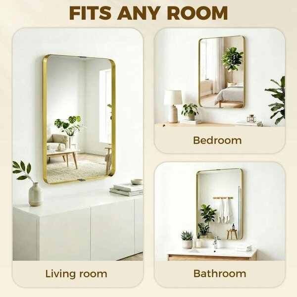 Rectangular Wall Mirror, 90 x 60 cm Wall Mounted Bathroom Mirror w/ Aluminium Alloy Frame and Tempered Glass, Gold Tone