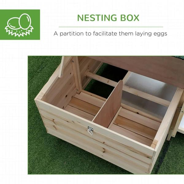 Wooden nesting box with interior divider and hinged cover for laying eggs