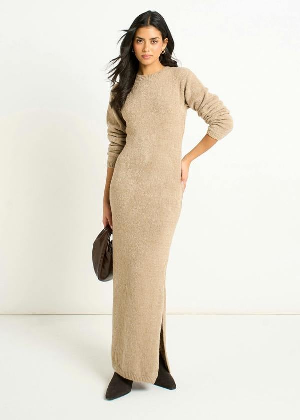 Gini London Oatmeal Jersey Boucle Bodycon Maxi Dress