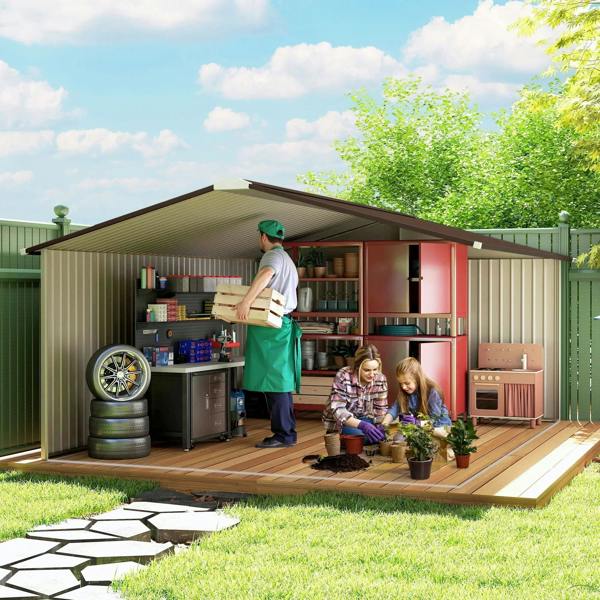 Light brown metal shed interior with shelving storage and open double doors