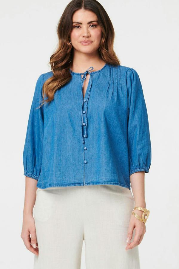 Blue | 3/4 Sleeve Tie Front V-Neck Blouse