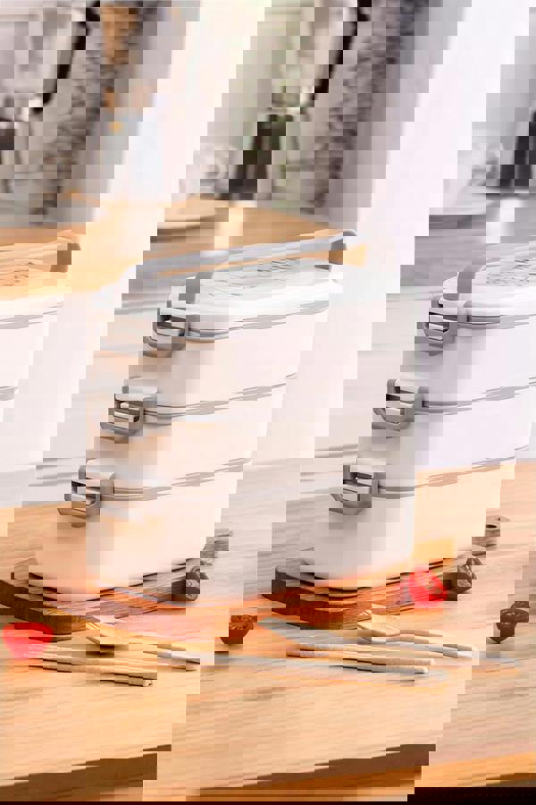 Living and Home 3-Layer Stackable 2700ML Bento Lunch Box 6-Grid Container with Handle & Cutlery - White