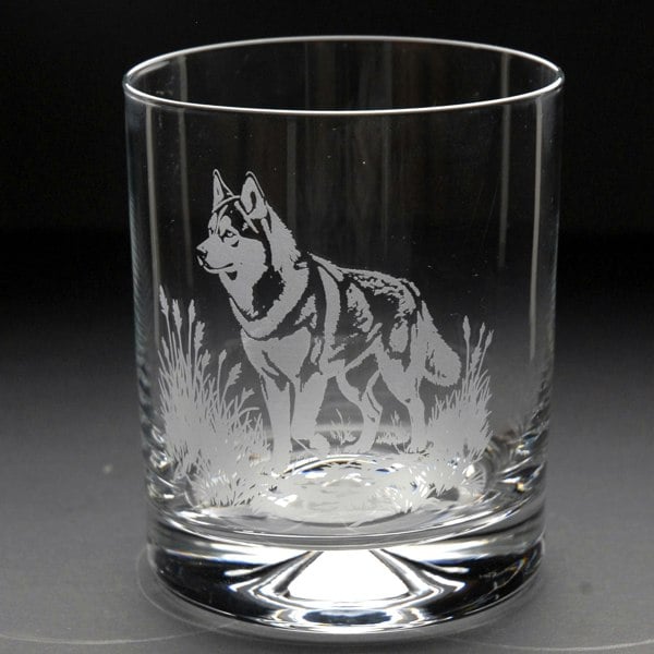 Glyptic Glass Art Siberian Husky Dog Whiskey Tumbler Glass - Hand Etched/Engraved Gift