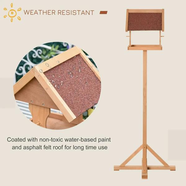 Wooden bird feeder table with textured felt roof panel and tripod-style base