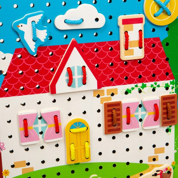 Bigjigs Toys Wooden House Lace-A-Shape Game - 30 Geometric Shape Lacing Cards & 6 Laces