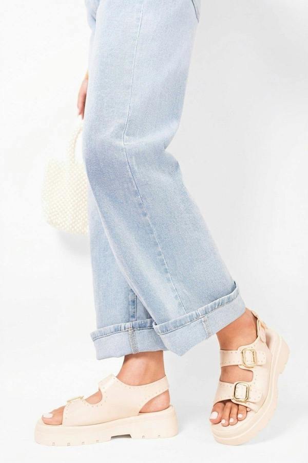 Zora Chunky Double Buckle Studded Platform Sandals - Beige_wb