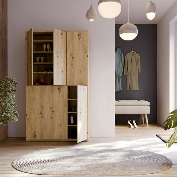 Furniture To Go Alice Springs Shoe Cabinet with 6 Doors Push-to-Open in Artisan Oak
