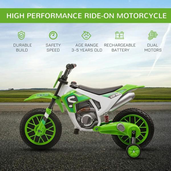 Side view of green and white kids electric ride-on motorcycle with training wheel