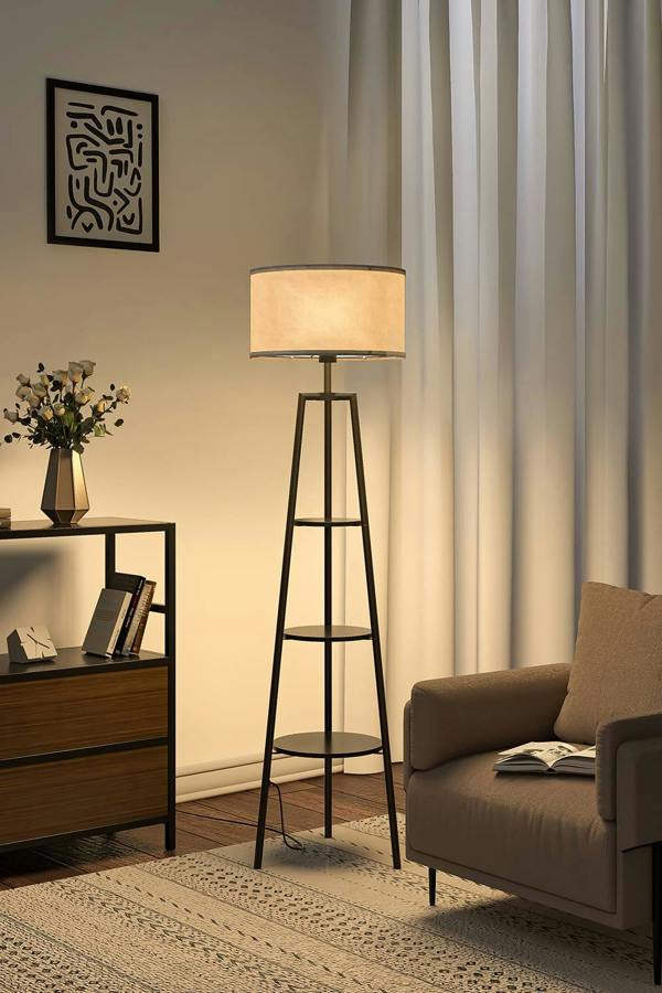 Round Shelf Floor Lamp with Fabric Lampshade