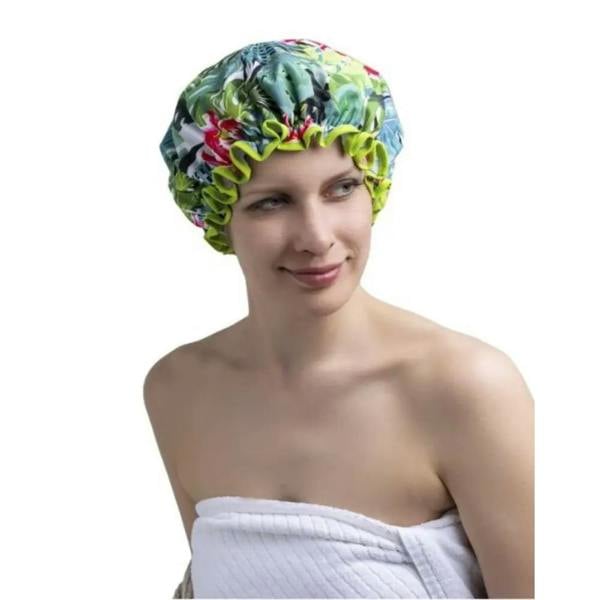 Fashy Classic tropical shower cap with green trim and floral PEVA foil accents