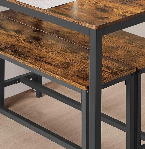 Modcraft 3-Piece Dining Table Set with 2 Benches – Industrial Style Space-Saving Design for 4 People