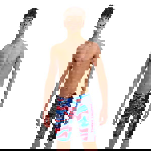 Funky Trunks Boys Wave Craze swim training jammer with vibrant abstract wave pattern in blue and red