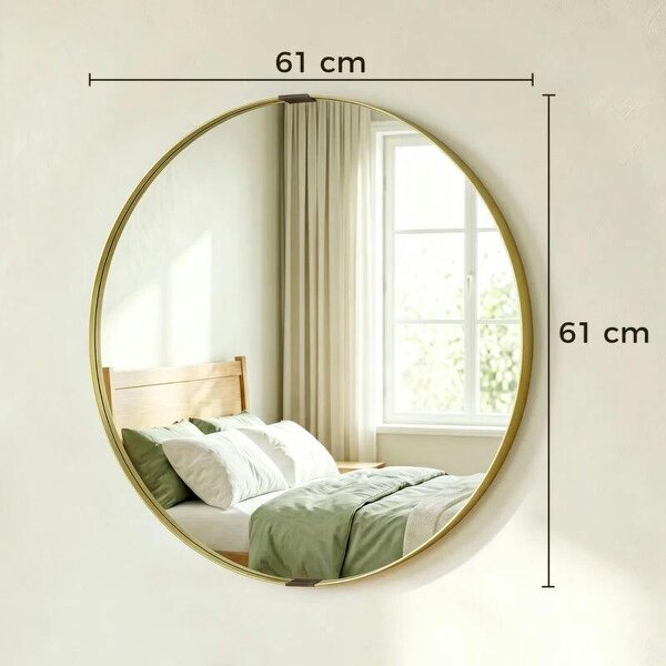 Round Wall Mirror 61 cm, Wall Mounted Bathroom Mirror with Tempered Safety Glass and Aluminium Alloy Frame, Gold Tone