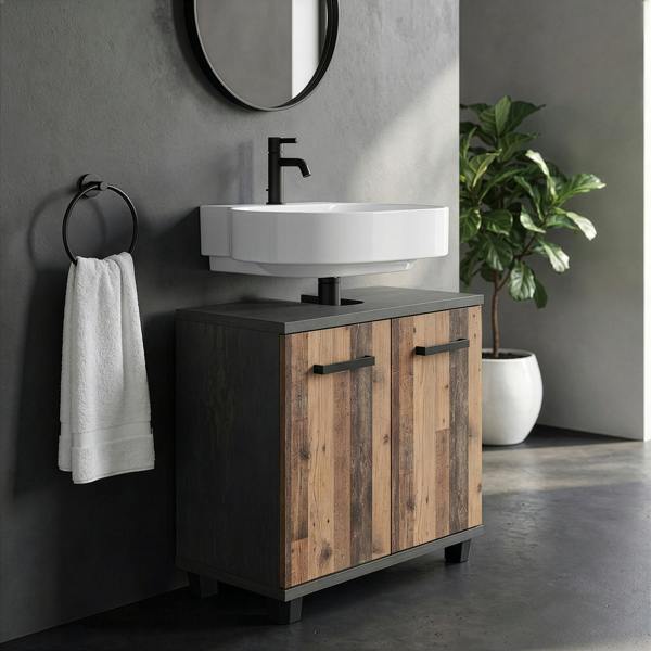 Furniture To Go Veris Under Sink Cabinet with 2 Doors in Walnut and Dark Grey
