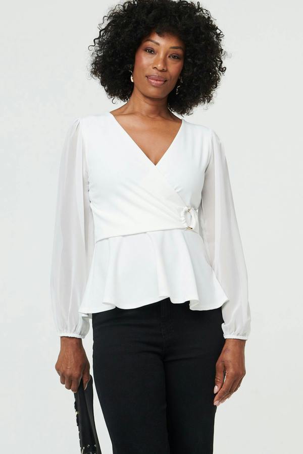 White | Long Sleeve Semi Sheer Wrap Front Top
