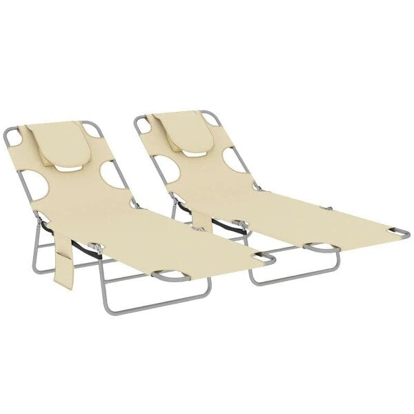 Bobobiy 5-Position Adjustable Sun Loungers Set of 2 with Reading Hole and Side Pocket, Beige